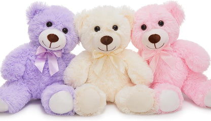 MorisMos 3Pcs Teddy Bears Bulk Baby Shower, 14inch Cute Teddy Bear Stuffed Animals Plush, Small Stuffed Bears on Centerpiece Baby Shower, Pink, Purple, White