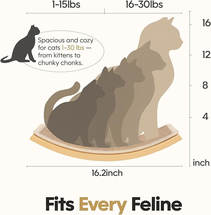 Wood Cat Wall Bed with Sisal Mat – Curved Cats Shelf for Scratching and Sleeping, Wall Mounted Cat Furniture for Large Cats