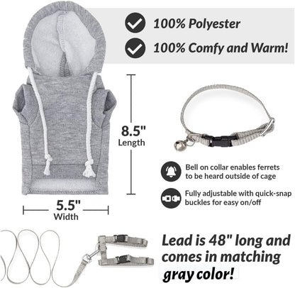 Gray Ferret Sweater, Harness, and Leash Set - Clothes for Small Pets - Ferret Stuff and Accessories - Hoodies for Ferrets - Small Pet Accessories