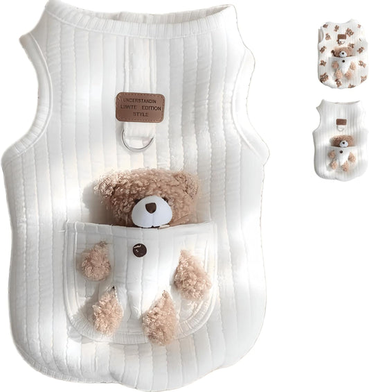 Cute Pet Apparel Plush Bear Pattern Cartoon Dog Clothes All Season Sleeveless Puppy Kitten Pullover Soft Skin-Friendly (White1, S (2.2-4.4lbs))