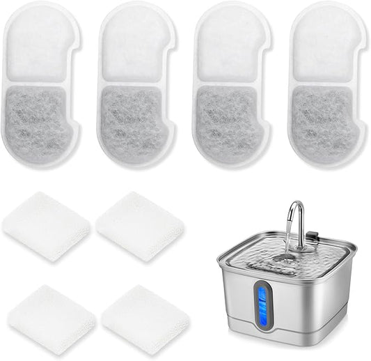 Official 4 Packs Cat Water Fountain Replacement Filters & Pre-Filter Sponges for 101oz/3L Stainless Steel Cat Water Fountain