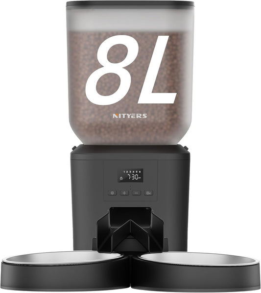 Automatic Cat Feeder for 2 Cats - 8L/34 Cups Large Capacity Auto Cat Food Dispenser with LCD Screen, 2 Food Trays, Timed Feeder, Up to 50 Portions 6 Meals Per Day, Keep Fresh