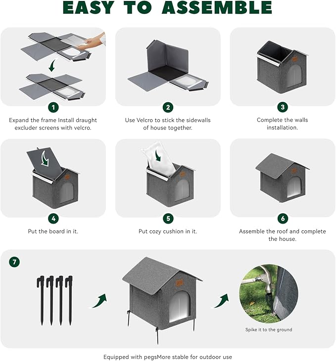 Outdoor Cat House Feral Cat Shelter,Outside Waterproof Cat House for Outdoor/Indoor Cats, Insulated Cat Bed for All Seasons with Cozy Cushion Easy to Assemble (Grey, Floor Spike Style)