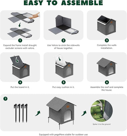 Outdoor Cat House Feral Cat Shelter,Outside Waterproof Cat House for Outdoor/Indoor Cats, Insulated Cat Bed for All Seasons with Cozy Cushion Easy to Assemble (Grey, Floor Spike Style)