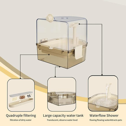 Automatic Bird Baths for Cage – Indoor Parakeet Bath with Pump, Bird Shower with 2 Modes Running Water, Bird Cage Accessory for Pet Birds Conure Budgies Cockatiels Lovebird (Light Brown)