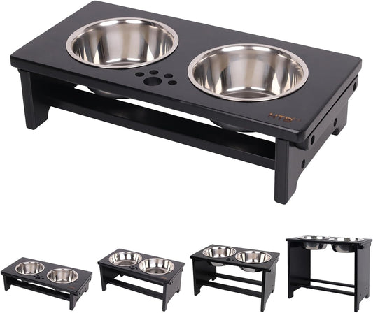 HTB Elevated Dog Bowls, Raised Dog Bowl Stand with 2 Stainless Steel Bowls, Elevated Raised Dog Bowls for Large Medium Small Sized Dogs- Black Small