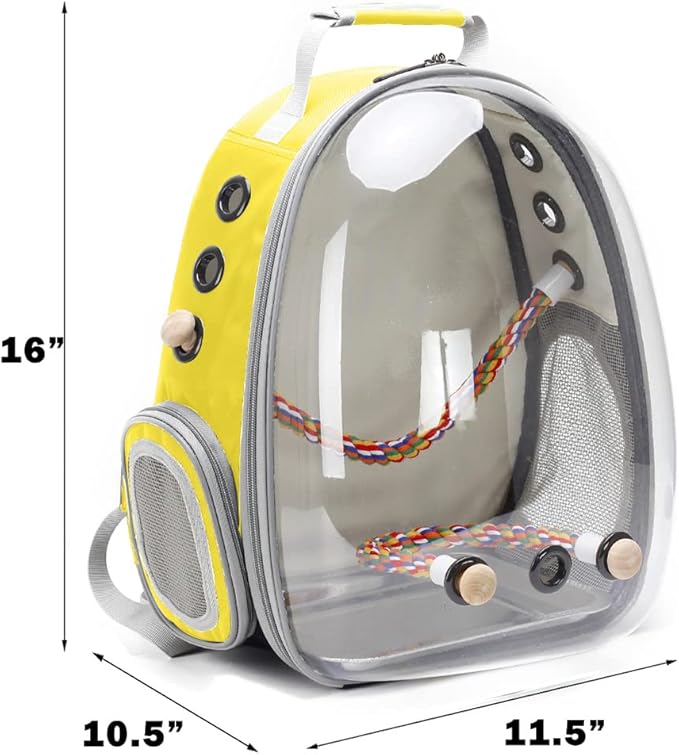 Bird Traval Carrier Cage, Clear Space Capsule Astronaut Backpack to Carry Parakeet Cockatiel Parrot with Metal Tray Wood Perch, Vet Transport School Bag