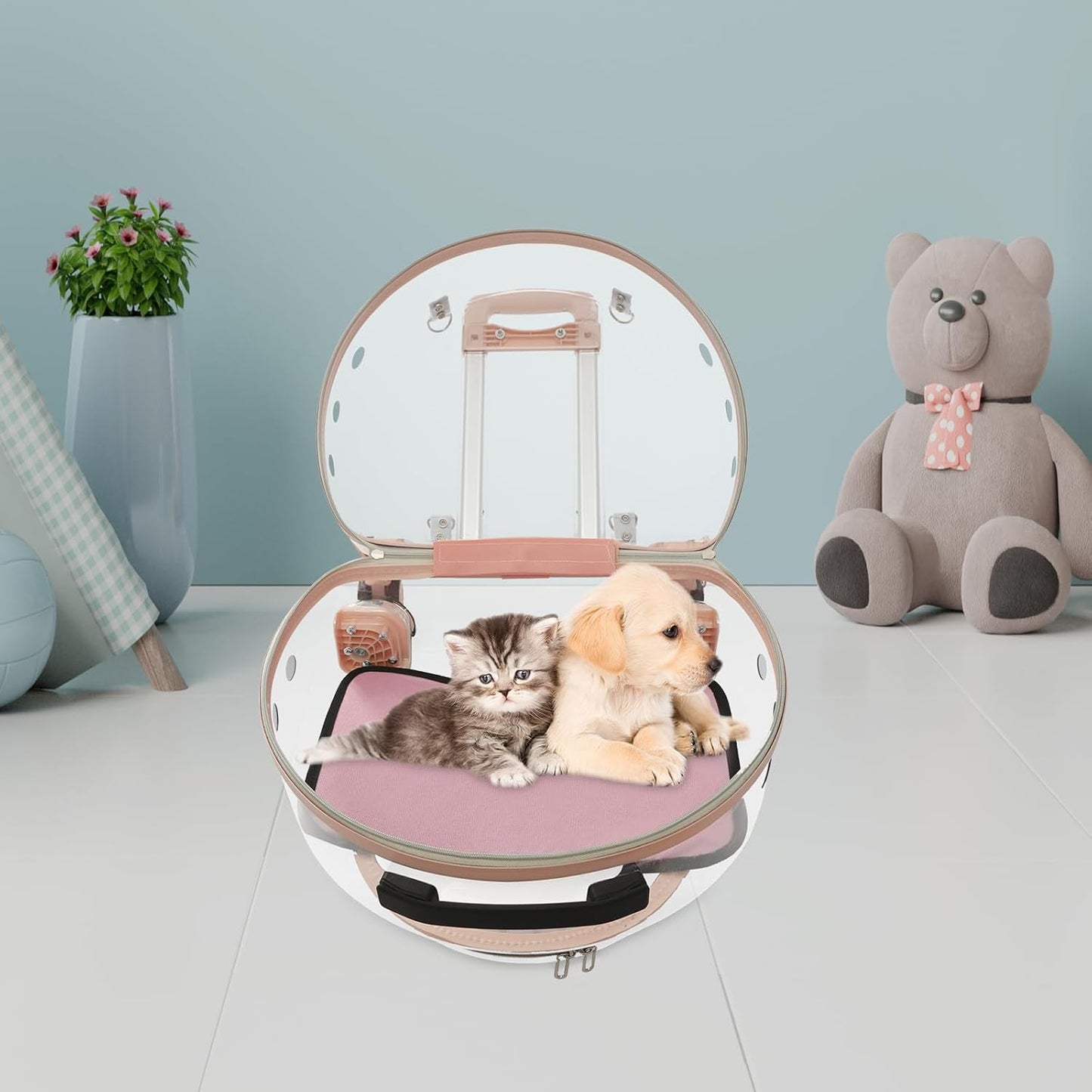 Cat Backpack Carrier, Transparent & Fully Breathable Hard cat Carrier with Rolling Wheels for Kitty Small Dog up to 19lbs, Multiple Carrying Options, Perfect for Travel Hiking, Pink, Clear