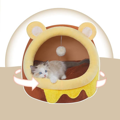 Jiupety Cute Cat Bed for Indoor Cats, Warm Soft Cave Fit for Cat Up to 16 Lb and Puppy, Honeypot, M