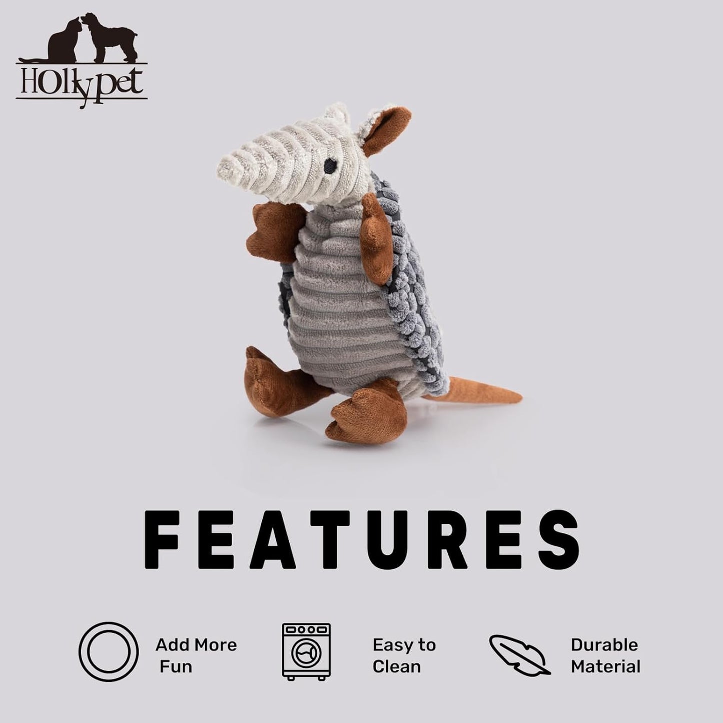 Hollypet Plush Dog Squeaky Toy Stuffed Armadillo Animal Pet Puppy Chew Toys with Clean Teeth for Small Medium Large All Breed Sizes Dogs, Dark Gray, 8 in