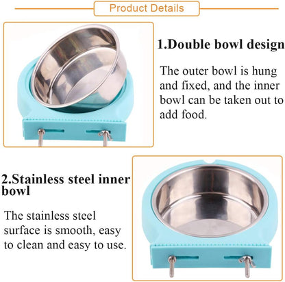 kathson Crate Dog Bowl, Removable Stainless Steel Hanging Pet Cage Bowl Food & Water Feeder Coop Cup for Cat, Puppy, Birds, Rats, Guinea Pigs (2pcs, Pink and Blue)