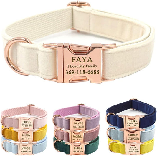 PETDURO Custom Dog Collar Personalized with Name Engraved Quick Release Rose Gold Metal Buckle for Large Medium Small Girl Dogs - Dog Leash and Bow Tie Available - Soft Comfy Velvet (Cream, L)