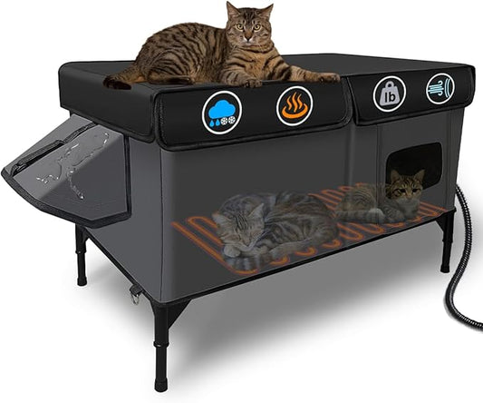 Heated Cat House for Outside Insulated in Winter,Fully Waterproof,with Adjustable Awning,Escape Door,Indoor Outdoor Cat Shelter for Feral Stray Barn Cat to Stay Warm&Dry,Black/Gray,Extra Large