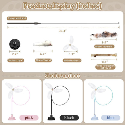 Suction Cup Cat Toys for Indoor Cats,3 in 1 Interactive cat Toys for Indoor Cats,Self Play or Handheld,Feathers & Bells,Realistic Toy Mouse and Silvervine Sticks(Pink)