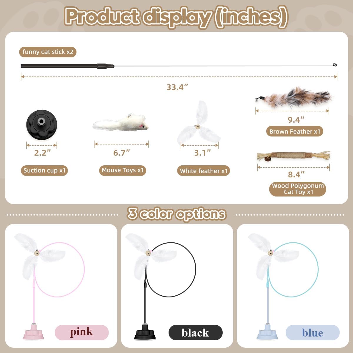 Suction Cup Cat Toys for Indoor Cats,3 in 1 Interactive cat Toys for Indoor Cats,Self Play or Handheld,Feathers & Bells,Realistic Toy Mouse and Silvervine Sticks（Black）