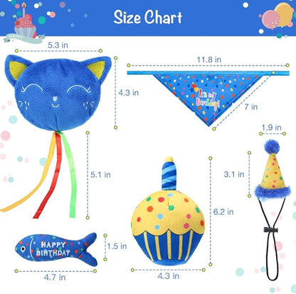 BINGPET Cat Birthday Catnip Toys for Indoor Cats,Cat Birthday Hat,Bandana and Cat Birthday Cake Interactive Plush Kitten Chew Toys,Cute Fish,Balloon Toys with Crinkle Paper and Catnip Inside(Blue)