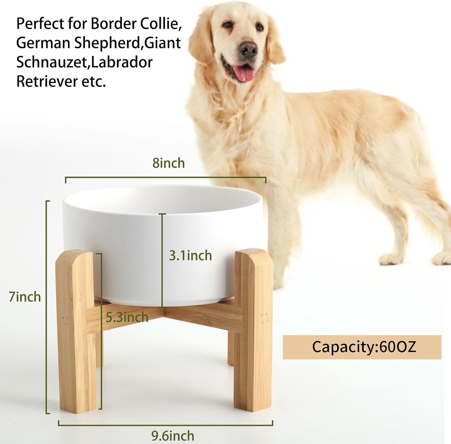 Petygooing White Elevated/Raised Ceramic Dog Bowl for Medium and Large Breeds, Dog Food Water Dish with Stand,Pet Feeding Bowl with Anti Slip Rubber Large Dogs(1800ml 7.6 Cups)