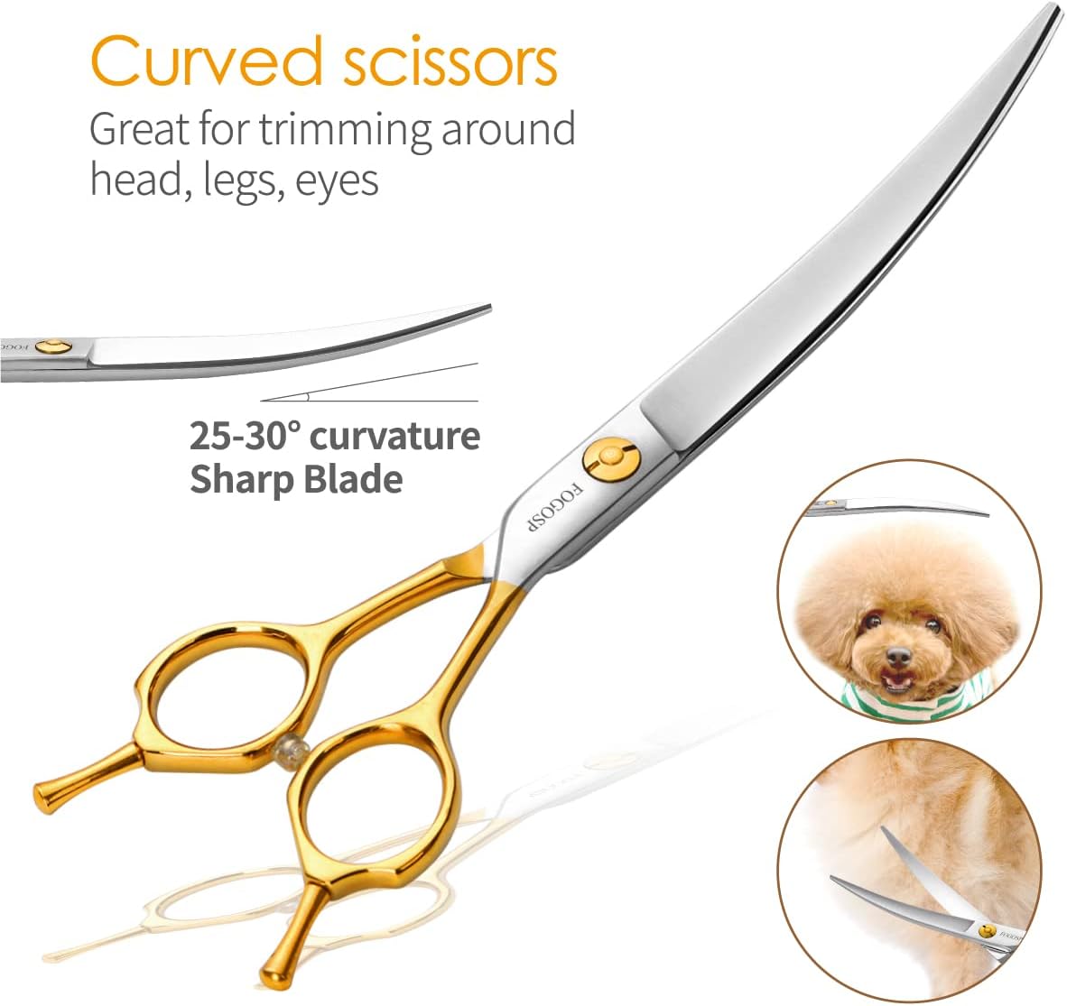 Dog Grooming Scissors Kit 4pcs 7 inch Professional Dog Grooming Shears Set Curved Thinning Straight Chunkers for Dogs Cat Pets (7 in Kit, Gold)