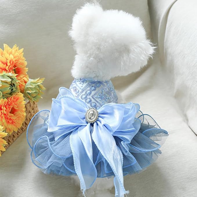 ANIAC Blue Cat Wedding Dress with Bow Knot Dog Wedding Outfit Formal Puppy Clothes for Girl Small Dog Luxury Pet Party Dress for Kitten Chihuahua Yorkie Pomeranian (Blue-2, Small)