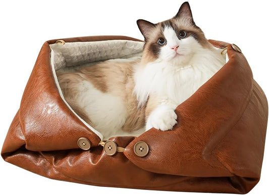 Cat Beds for Indoor Cats Dog Bed for Small Dogs 5 in 1 Function - Leather Mats Bed Cave Pillow Pad for Puppy & Kitten Four-Season 27.5 * 35.4inch Brown