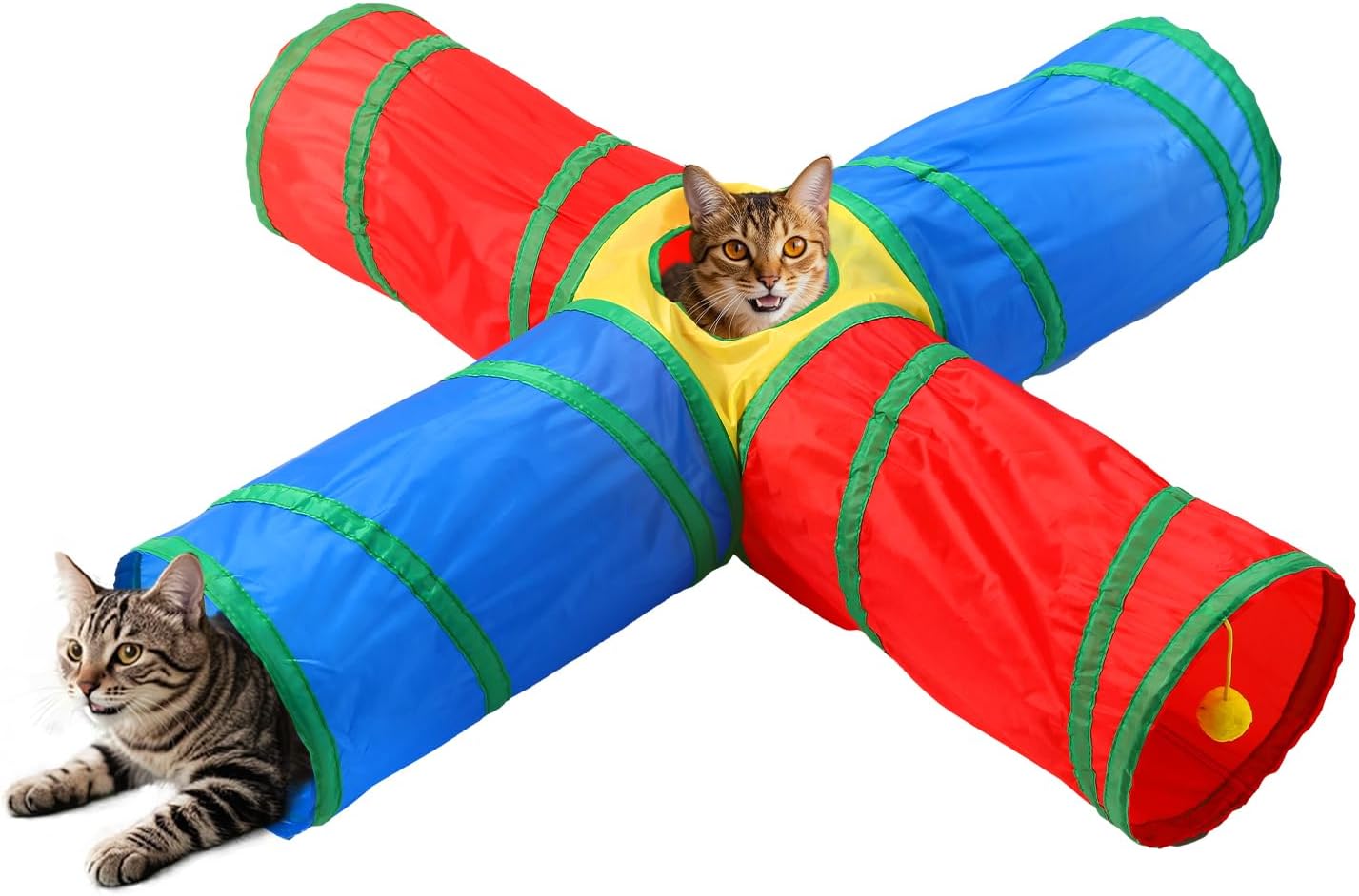 Pet Cat Tunnel, 4 Way Tunnels for Indoor Cats, Collapsible Pet Tunnel for Kitten, Puppy, Rabbit, 25cm-Wide Tunnels, Durable & Breathable, with Peek Hole Toy Ball