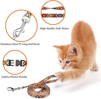 Cat Harness and Leash Set Geometric Pattern Escape Proof Adjustable for Kitty Outdoor Walking(Orange)