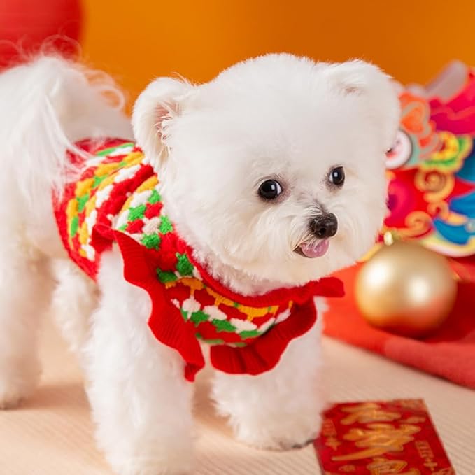 Knitted Tulip Cat Sweater, Warm Thick Holiday Puppy Clothes for Small Dog Girl, Cold Weather Outfit for Kitten Chihuahua Yorkie Teacup Dachshund Pug (Red, Small)