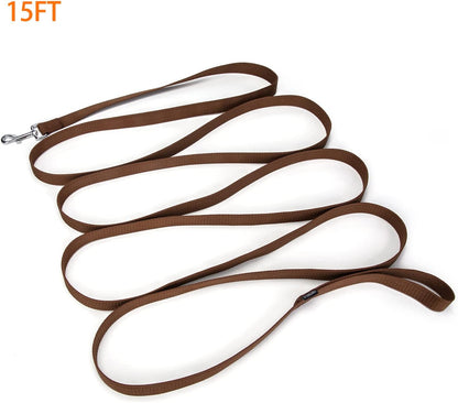 Strong Durable Nylon Dog Training Leash, 1 Inch Wide Traction Rope, 6 ft 10ft 15ft Long, for Small and Medium Dog (Brown, 15 Feet)