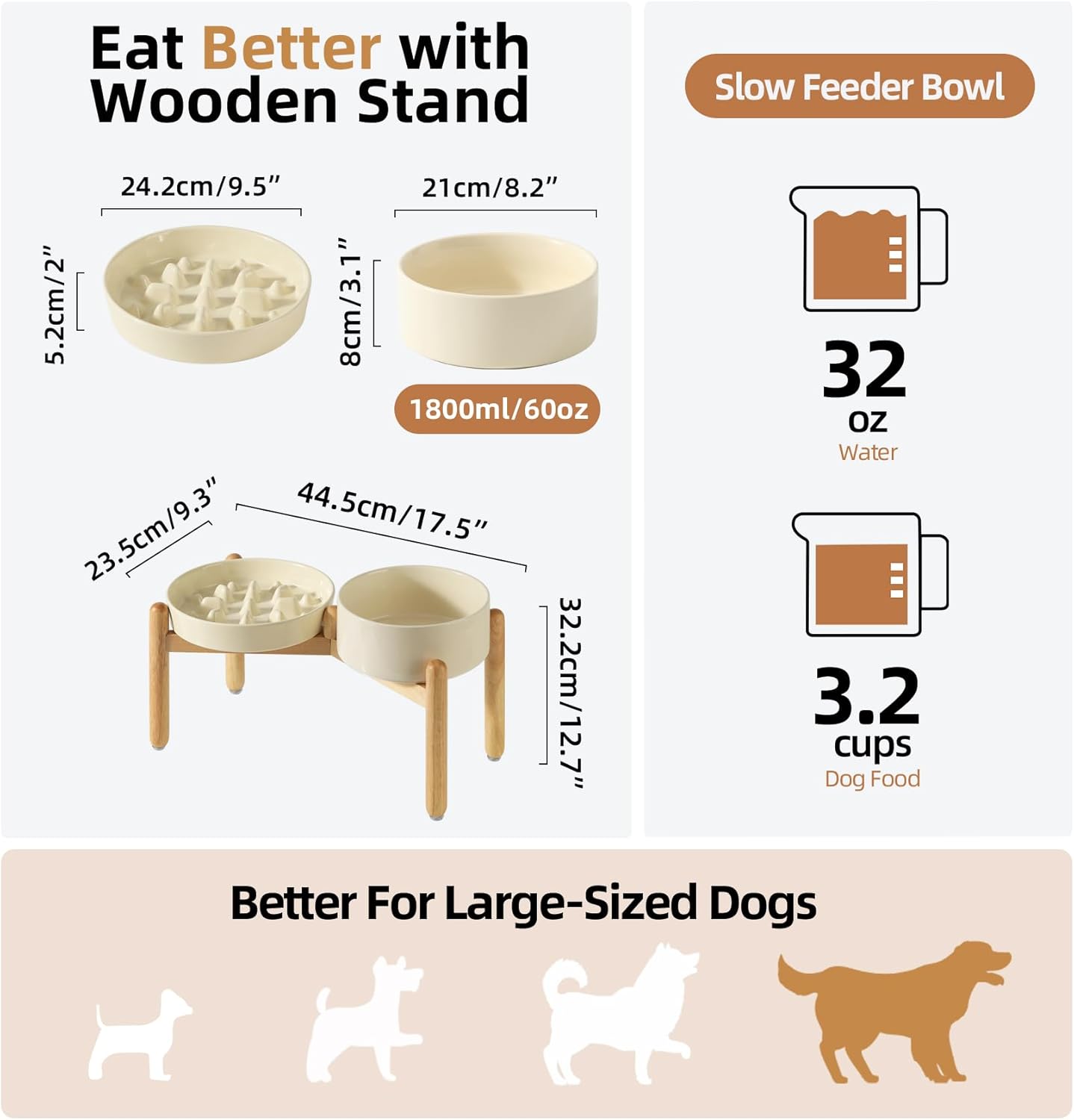 Ceramic Raised Slow Feeder Dog Bowl Set, Elevated 8.2inch Bowl and 9.5inch Slow Pet Food Dish with Wooden Stand for Large Dog (2 x Beige+ Stand)