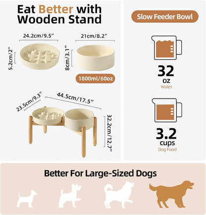 Ceramic Raised Slow Feeder Dog Bowl Set, Elevated 8.2inch Bowl and 9.5inch Slow Pet Food Dish with Wooden Stand for Large Dog (2 x Beige+ Stand)