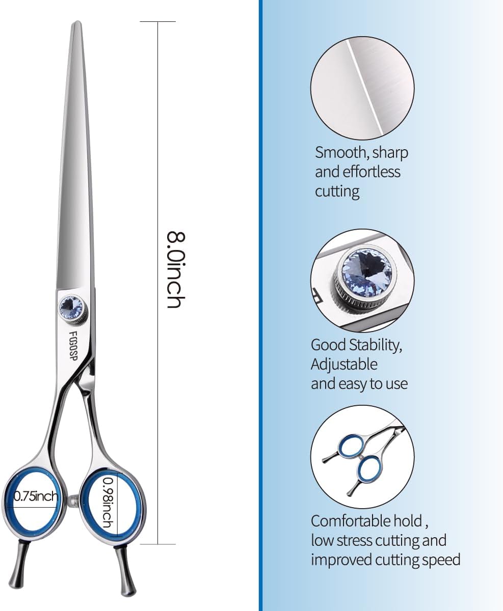 Straight Left Handed Dog Grooming Scissors 8.0'' Long Shears for Grooming Dogs Poodle Large Pet Japanese 440C Stainless Steel Super Sharp(8.0'' Straight)