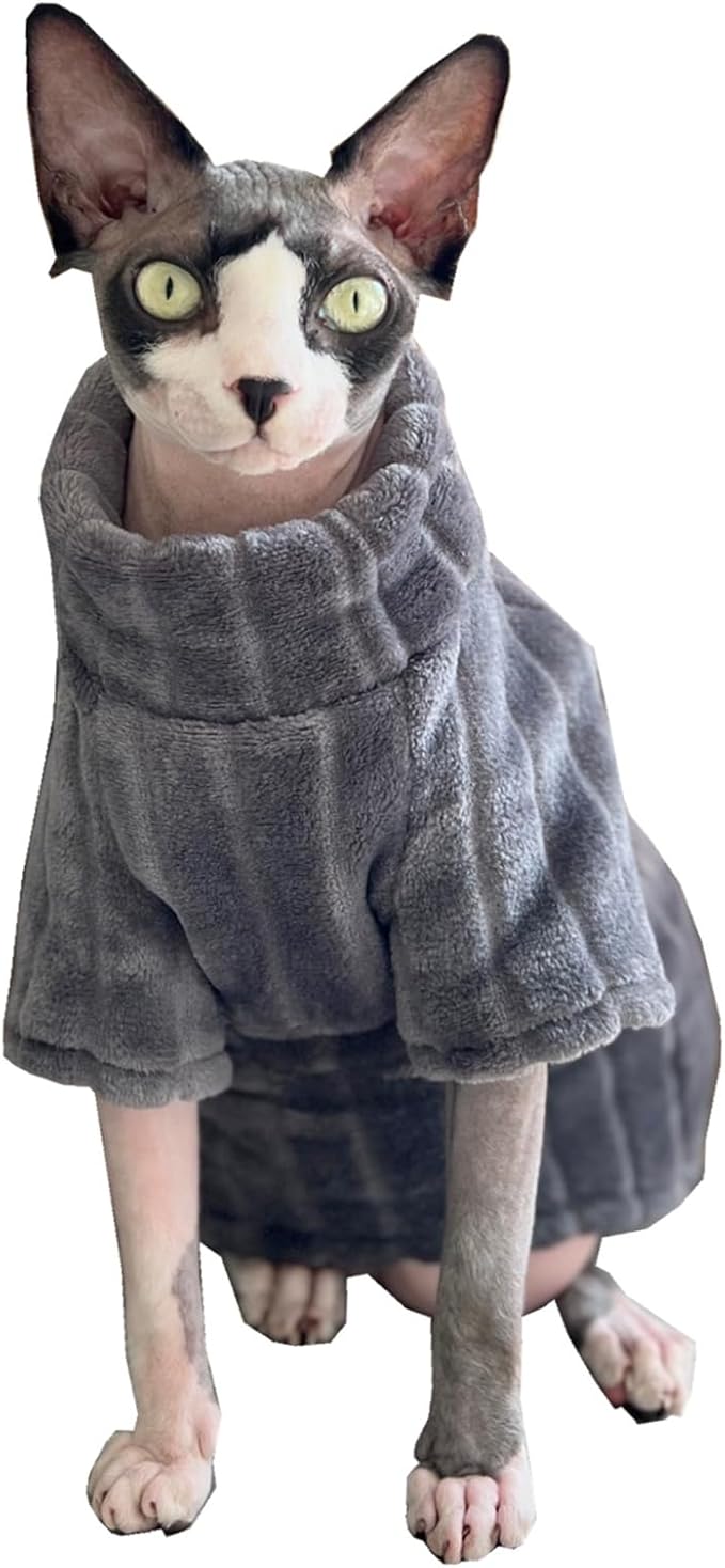 Turtleneck Sweater for Sphynx Cat Soft Coral Fleece Cat Clothes Thick Winter Warm Outfit Coat for Hairless Cats and Small Dogs Apparel with Sleeves (Grey, XXL (13.3-16 lbs))
