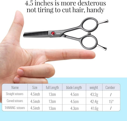 4.5" Dog Grooming Scissors - 3 Pcs Curved & Straight Thinning Shears for Small Dogs & Cats - Japan 440C Stainless Steel