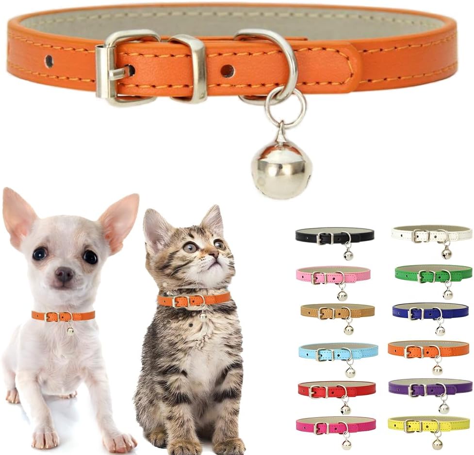 Orange XXS Kitten Collar with Bell, Soft Pu Leather Dog Collars Adjustable Buckle for XS Extra Small Medium Tiny Female Male Boys Girls Pets Cats Puppy Teacup Yorkie XX-Small