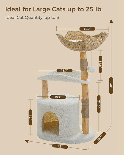 Modern Cat Tree Tower for Large Cats, Wood Cat Tower with Natural Scratching Post, Solid Wood Condo, Real Branch Luxury Cat Furniture with Curved Bed, Top Basket, White