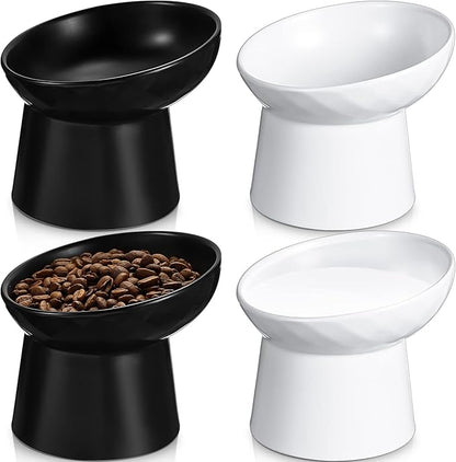 Tanlade 4 Pcs Ceramic Raised Cat Bowls, Elevated Tilted Cat Bowl, Stress Free, Backflow Prevention, Dishwasher and Microwave Safe for Indoor Kitten, Puppies(White and Black)