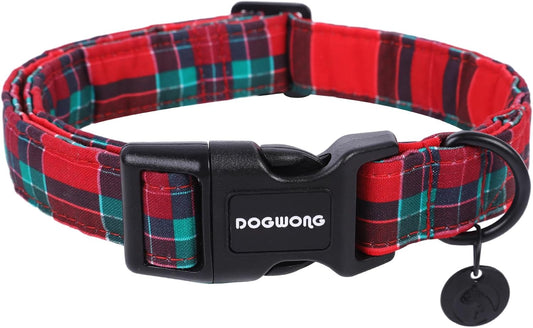 DOGWONG Christmas Cotton Dog Collar, Red Green Tartan Christmas Dog Collar Durable Soft Fabric Pet Dog Collars Cute Red Green Plaid Puppy Necklace for Small Dogs