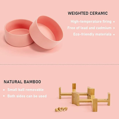 SPUNKYJUNKY 15° Slanted Ceramic Dog and Cat Bowl with Wooden Stand, Tilted Bulldog Food and Water Bowl No Slip Non-Spill for Cats Medium Dogs Big Face Pets 28.7 OZ (3.6 Cups, Pink × 2)