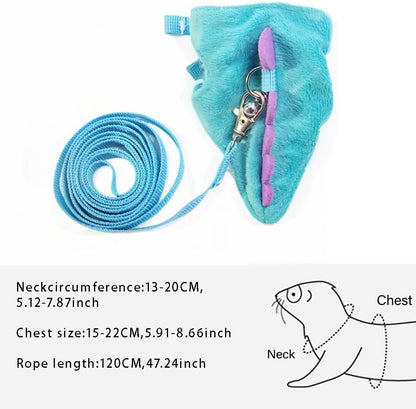 Ferret Leash and Harness Set, Dinosaur Design Small Animal Harness with Leash, Adjustable & Escape-Proof, Soft Plush Comfort for Rabbits, Kitten, Bunny, Hedgehog (Blue)