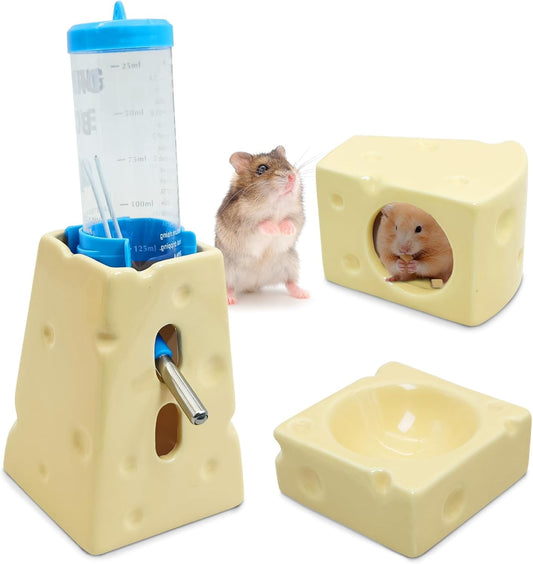PINVNBY Ceramic Hamsters Hideout, Hamster Food Bowl and Water Bottle with Stand Ceramic Cheese Hamster Cage Accessories for Campbell Gerbil Dwarf to Eat Drink and Play in Habitat(4 PCS)