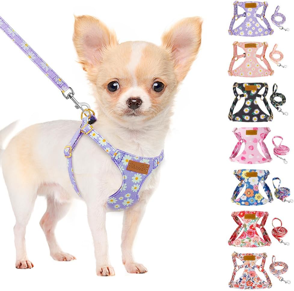 SlowTon No Pull Dog Harness with Leash - Soft Lightweight Floral Pattern Puppy Harness, Adjustable Pet Harnesses for Small Medium Dogs Doggie (Purple XS)