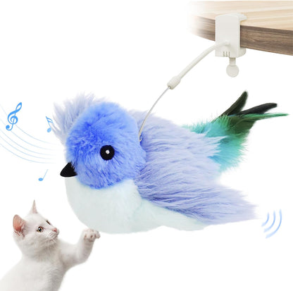 Migipaws Interactive Flapping Bird Cat Toys with Rod, clamp, Elastic String and Catnip, Automatic Chirping Toys for Indoor Cats to Chase, Hanging Feathers for Kitten to Self Play,Rechargeable(Blue)