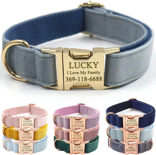 PETDURO Personalized Dog Collar Haze Blue Soft Velvet for Large Medium Small Boy Girl Dogs - Custom Collar with Name Phone Number Engraved on Gold Metal Buckle - Add Leash Bow Set via Customize Now