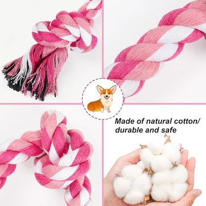 SZEE Dog Rope Toy, 14 in 3 Knots Chew Rope for Small Medium Dogs, Natural Cotton Pull Toy for Tug of War and Teeth Cleaning (Pink)