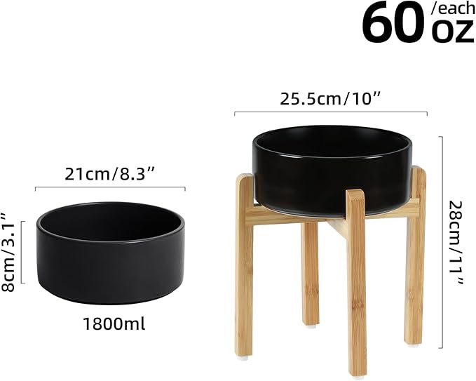 Ceramic Raised Dog Bowl Set, Elevated Dog Bowl with Stand, Food and Water Bowl for Large Breed Dogs, Weighted Pet Dishes(8.2'',60OZ, Black)