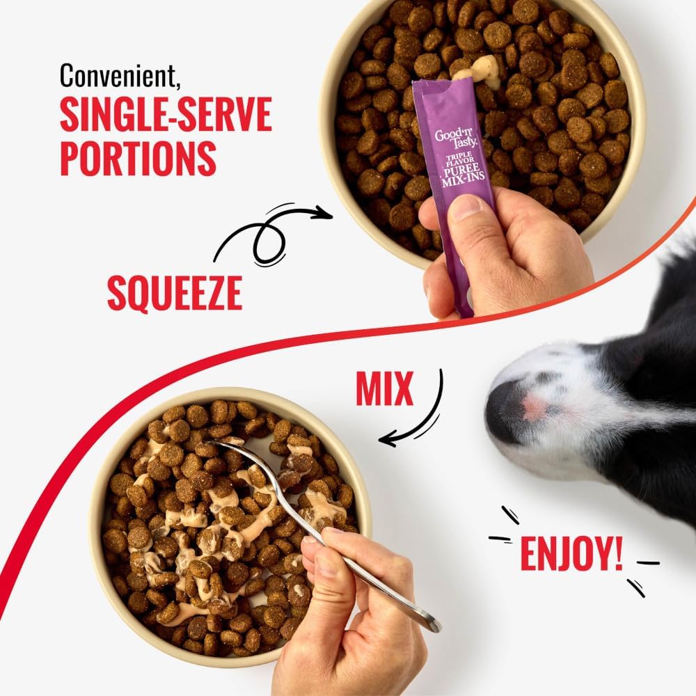 Good 'n' Tasty Triple Flavor Puree Mix-Ins Dog Food Topper Treats for All Dogs, 28 Count, Easy Single-Serve Portions, Added Protein with Duck, Beef and Rabbit, No Chicken Added