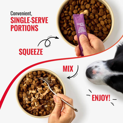 Good 'n' Tasty Triple Flavor Puree Mix-Ins Dog Food Topper Treats for All Dogs, 28 Count, Easy Single-Serve Portions, Added Protein with Duck, Beef and Rabbit, No Chicken Added
