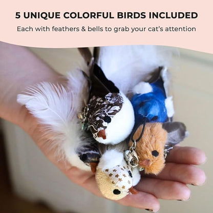 Whiskertons Interactive Bird Simulation Cat Toy Set, Interactive Cat Toys for Indoor Cats, Cat Feather Toy, Self-Holding Suction Base, 5 Replacement Birds, Feathers & Bells, Realistic Bird Impression