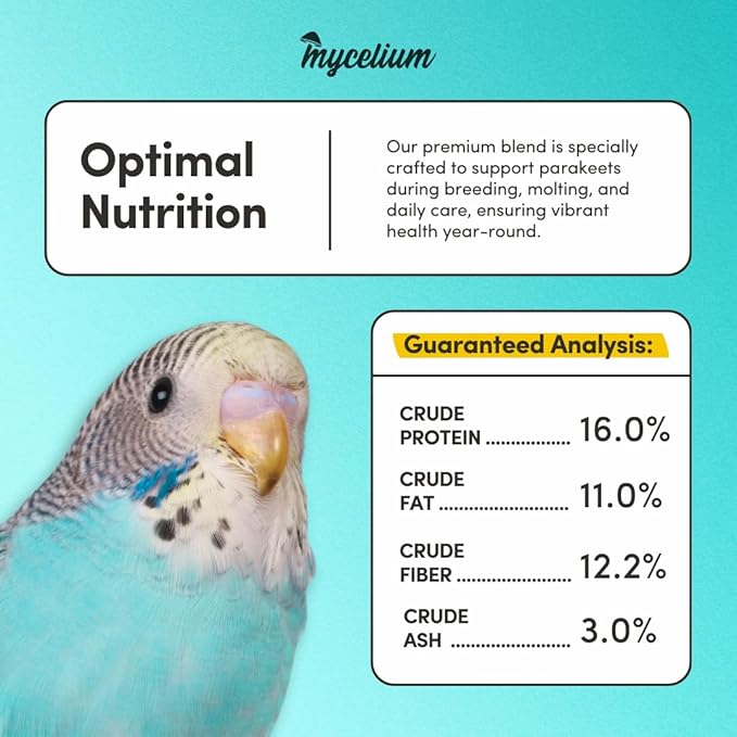 Mycelium Premium Parakeet Protein | Bird Food for Parakeets & Budgies | High-Protein Seed Blend with Corn, Buckwheat, Safflower, Sunflower & Pumpkin | Organic & Non-GMO | High-Nutrient 5 lb Bag