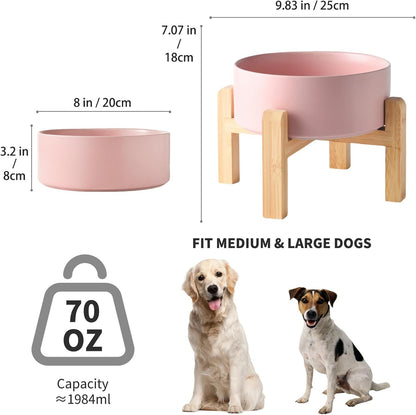 8'' Ceramic Raised Dog Bowl - 70Oz Dog Food & Water Bowl with Elevated Non-Slip Bamboo Stand, Dishwasher & Microwave Safe, Anti Vomiting Heavy Duty Pet Bowl for Medium and Large Dogs, Pink